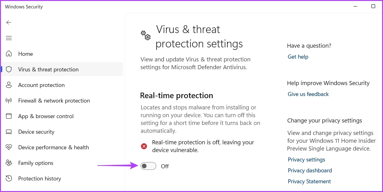 Protección en tiempo real en Seguridad de Windows