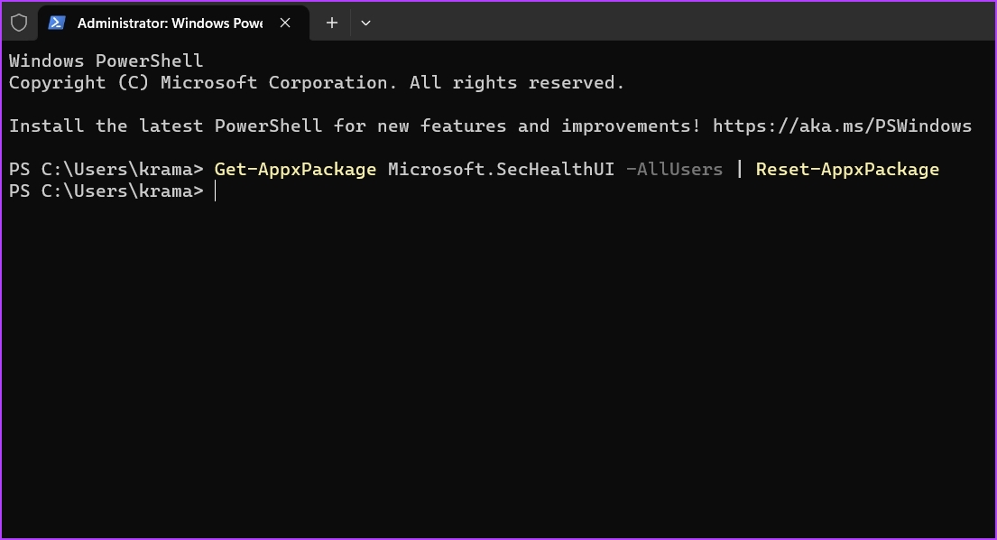 Vuelva a instalar el comando de seguridad de Windows en el comando de PowerShell