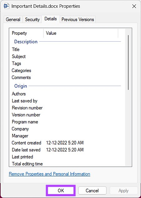 En Propiedades de archivo de Windows, haga clic en Aceptar