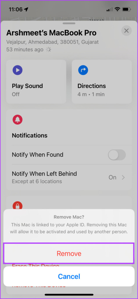 Toque Eliminar para eliminar el dispositivo de Find My