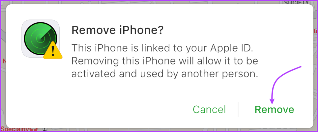 Haga clic en Eliminar para eliminar el dispositivo de Find My