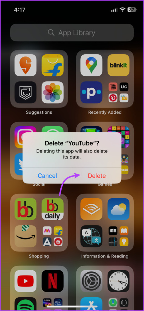 Toque Eliminar para eliminar la aplicación del iPhone