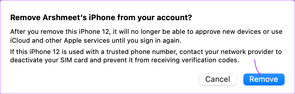 Click Remove to remove iPhone from Apple ID