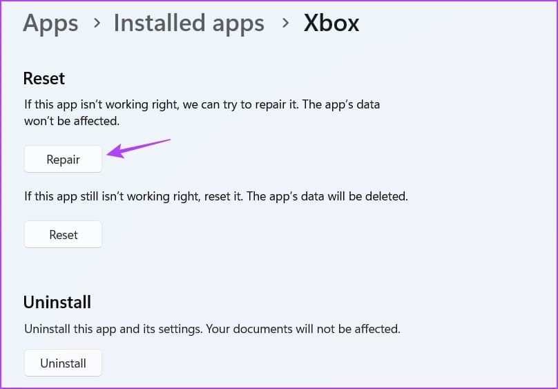 Opción de reparación en la aplicación Configuración