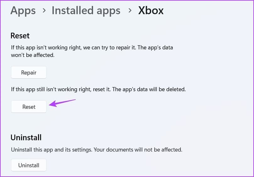 Opción de reinicio en la aplicación Configuración