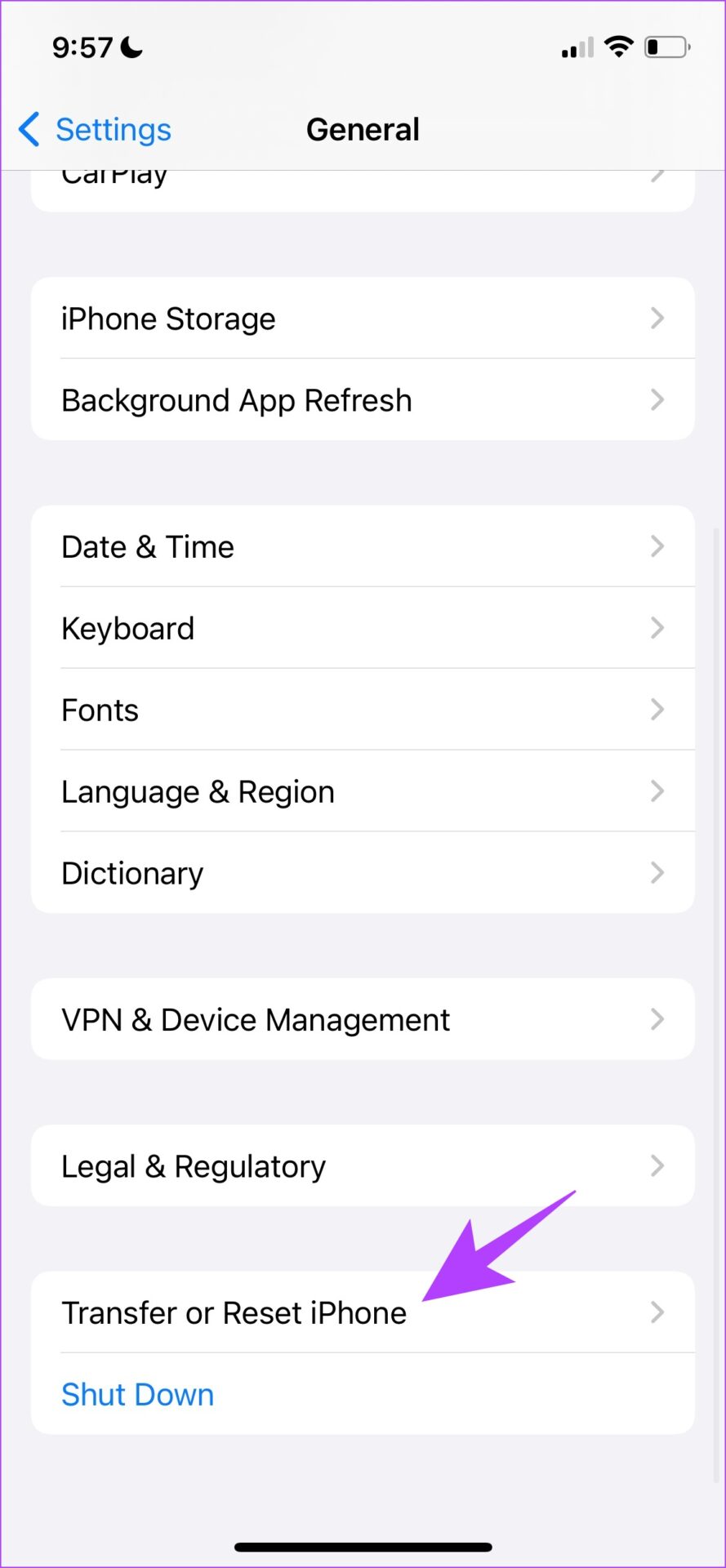 Seleccione Transferir o Restablecer iPhone