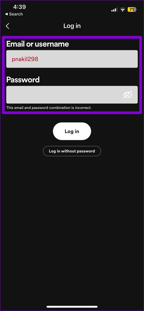 Página de inicio de sesión de Spotify iPhone