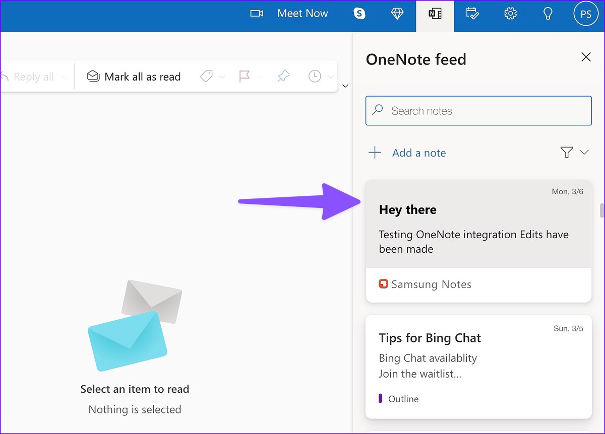 Nota de Samsung en Outlook Web