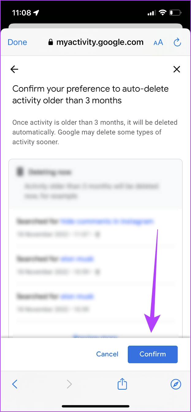 Toque Confirmar actividad de eliminación automática