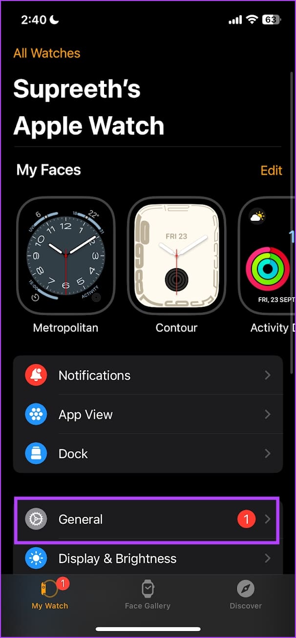 Tap on General on Watch App