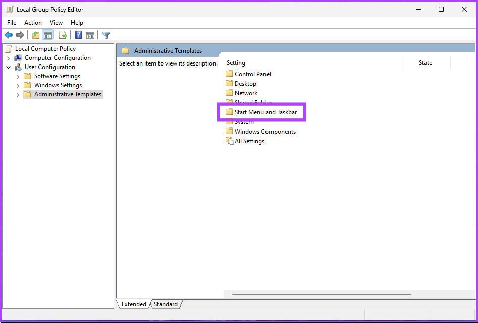 Select the 'Start Menu and Taskbar' option