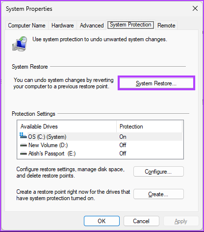 click on System Restore