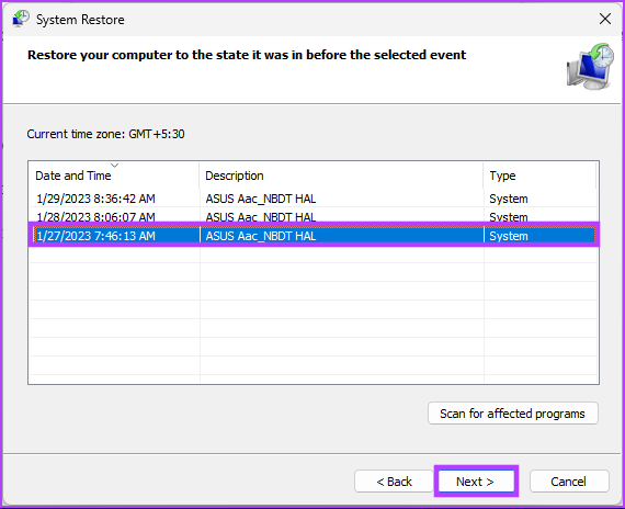 Select the restore point you prefer