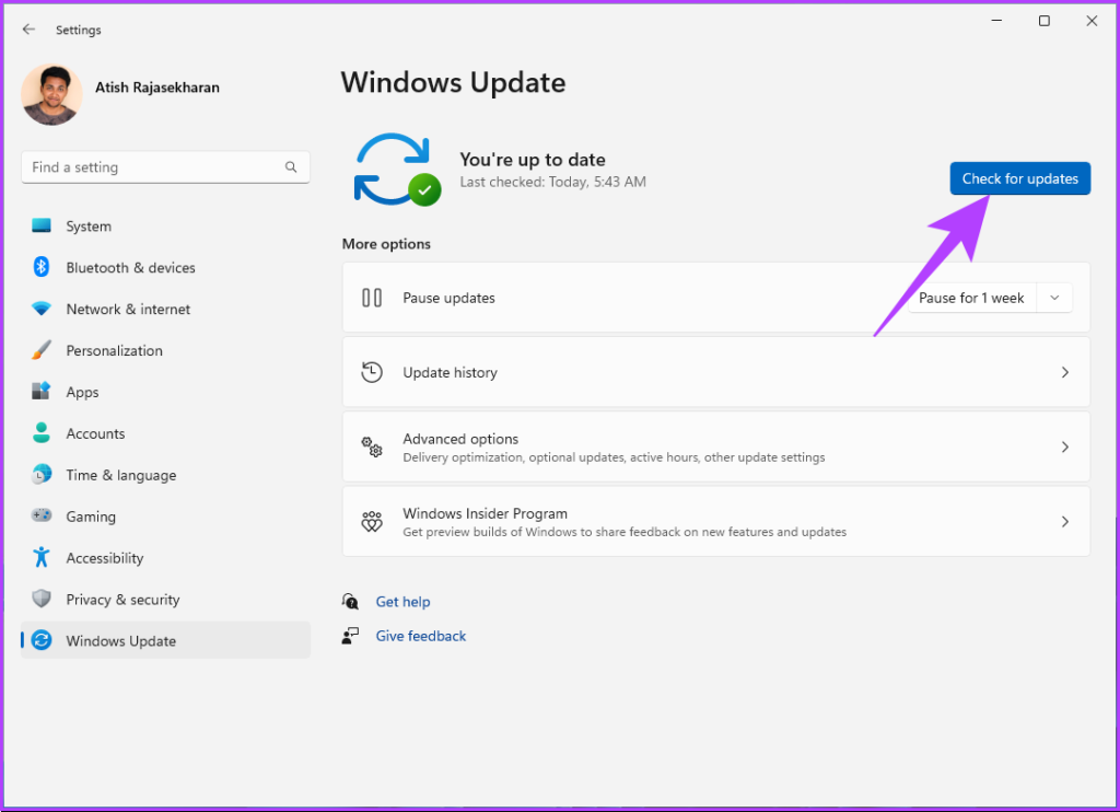 Click on the 'Check for updates' option