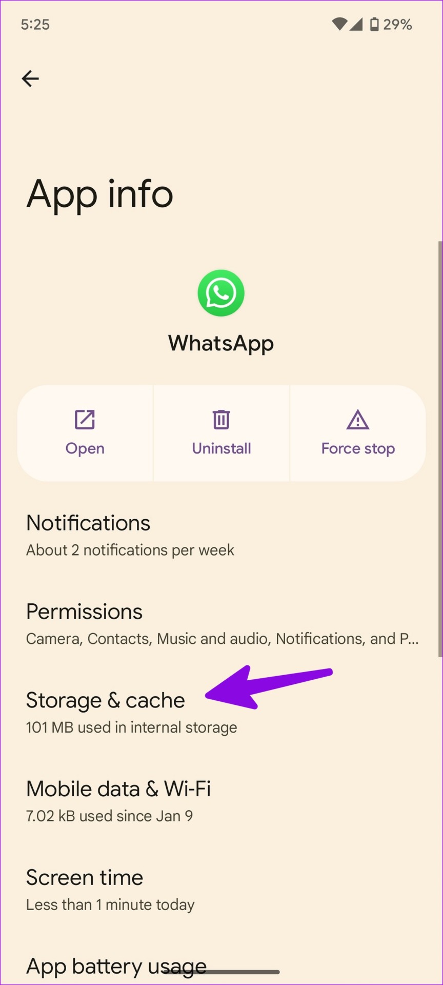 Abrir almacenamiento y caché para WhatsApp