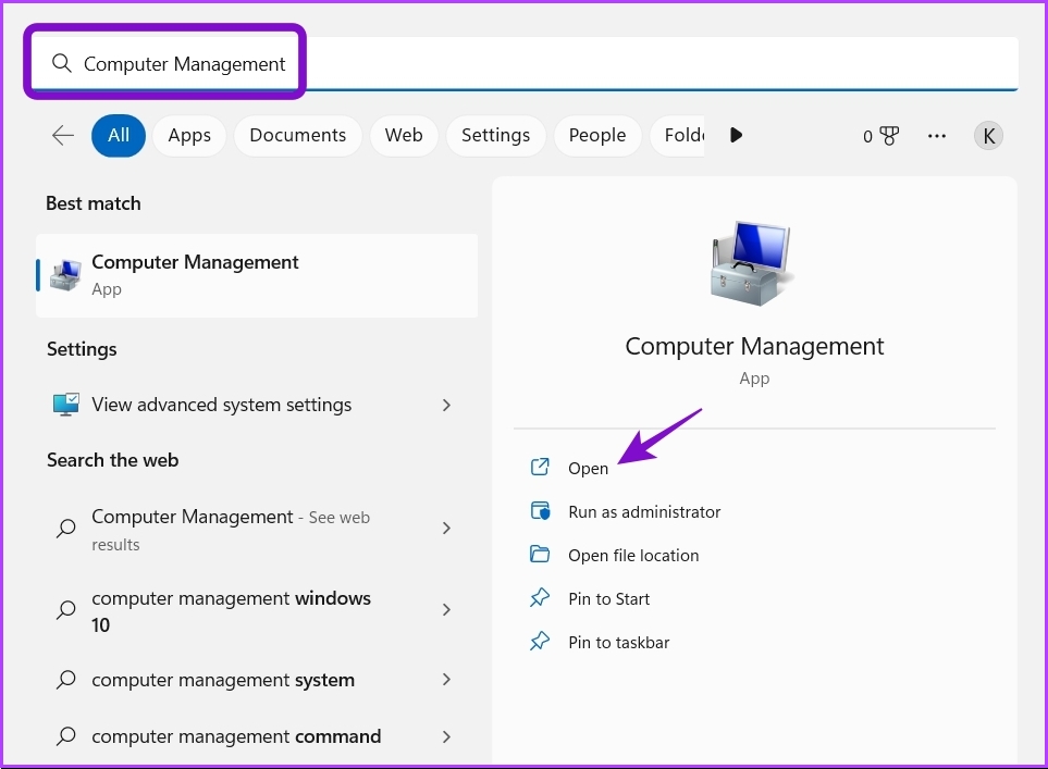 Escriba administración de equipos en la búsqueda de Windows
