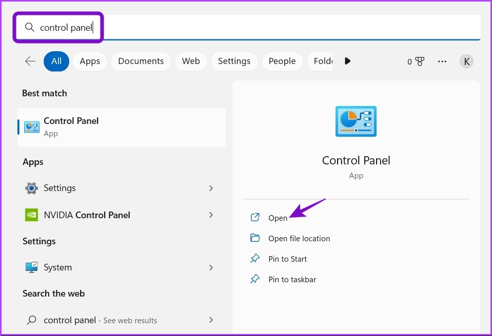 Escriba panel de control en la búsqueda de Windows