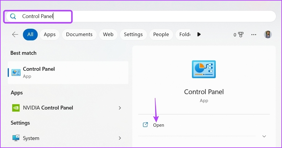 Escriba panel de control en la búsqueda de Windows