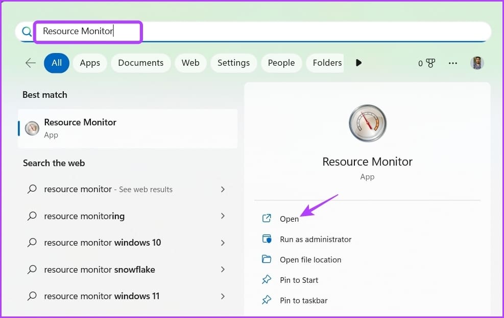 Escriba monitor de recursos en la búsqueda de Windows