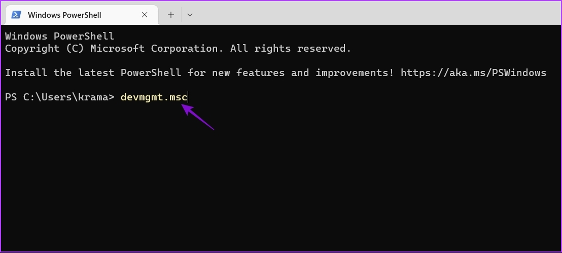 Escribir el comando devmgmt.msc en PowerShell