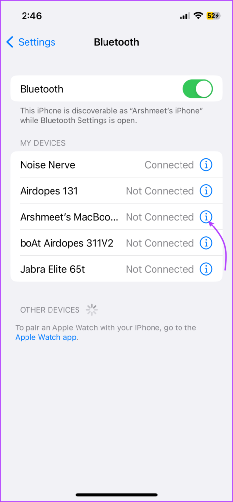 Tap i next to the device you want to unpair it