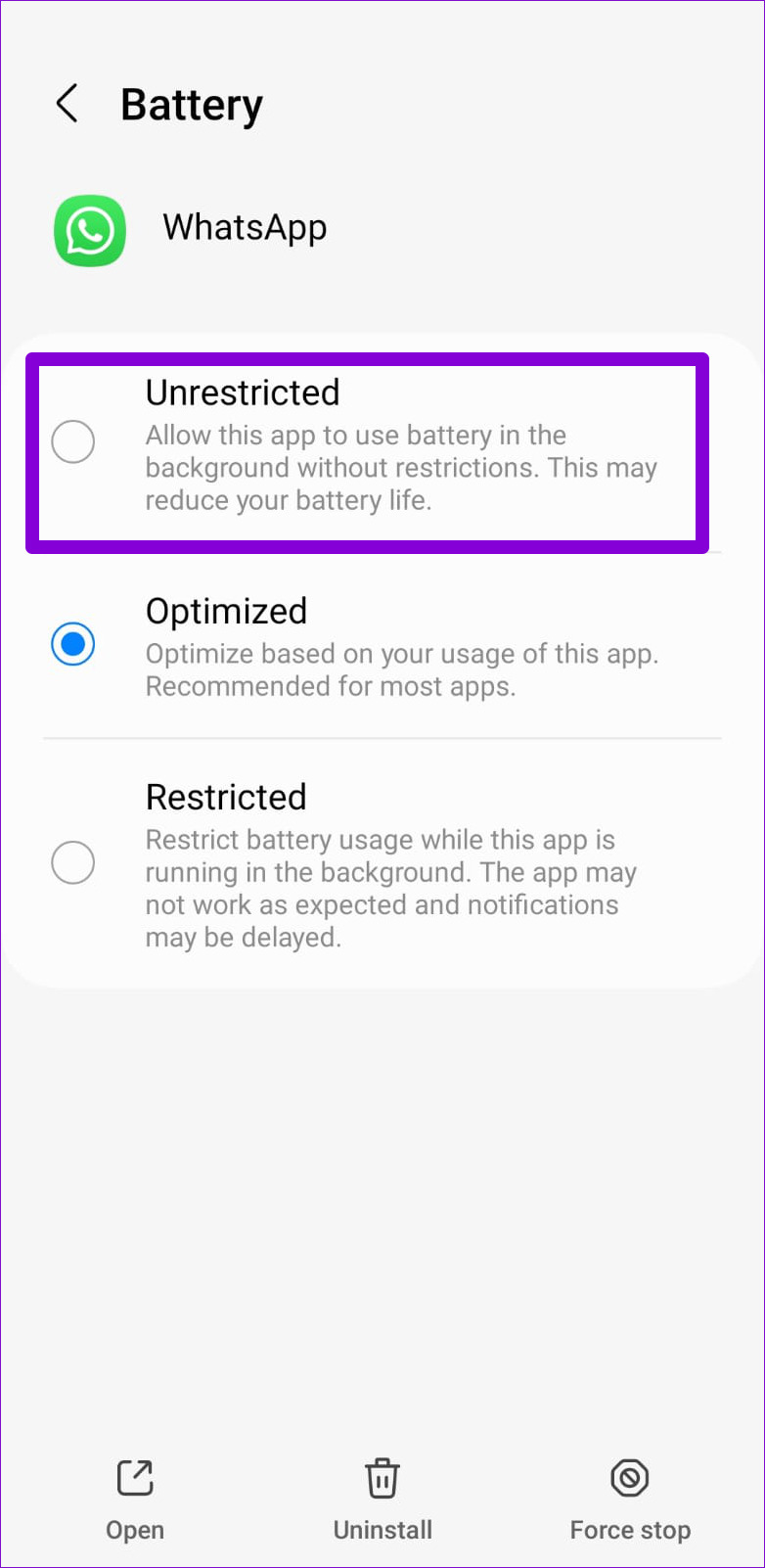 Uso ilimitado de la batería para WhatsApp
