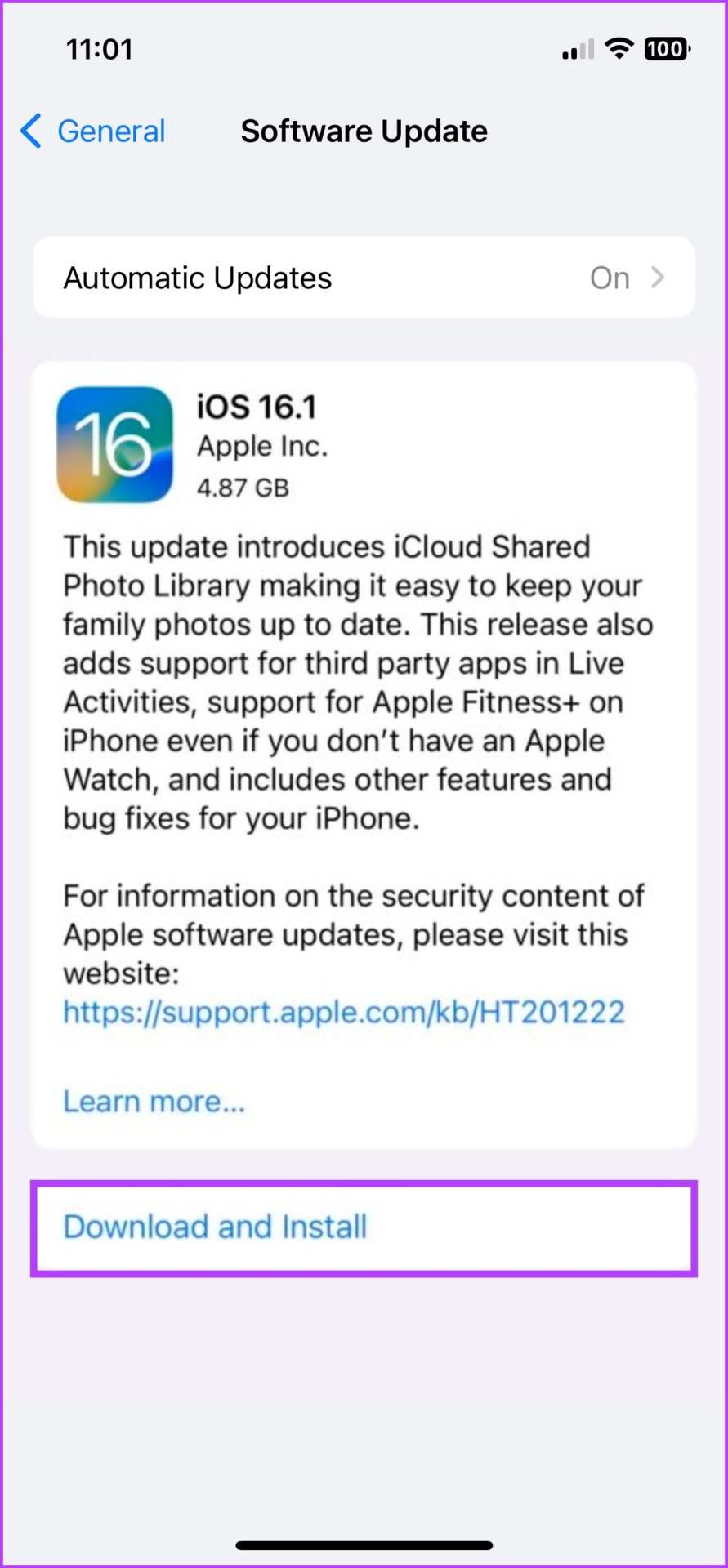 Toque Descargar e instalar para obtener las últimas actualizaciones de iOS