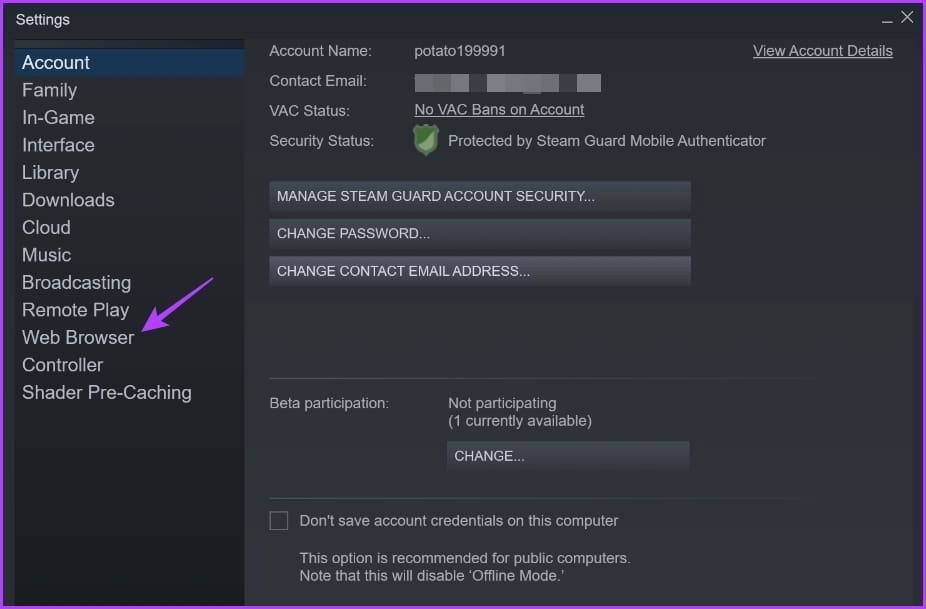 Opciones del navegador web en el cliente Steam