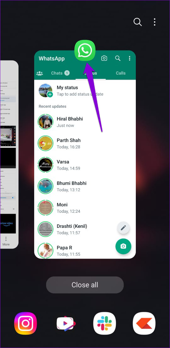 WhatsApp en menú reciente en Android