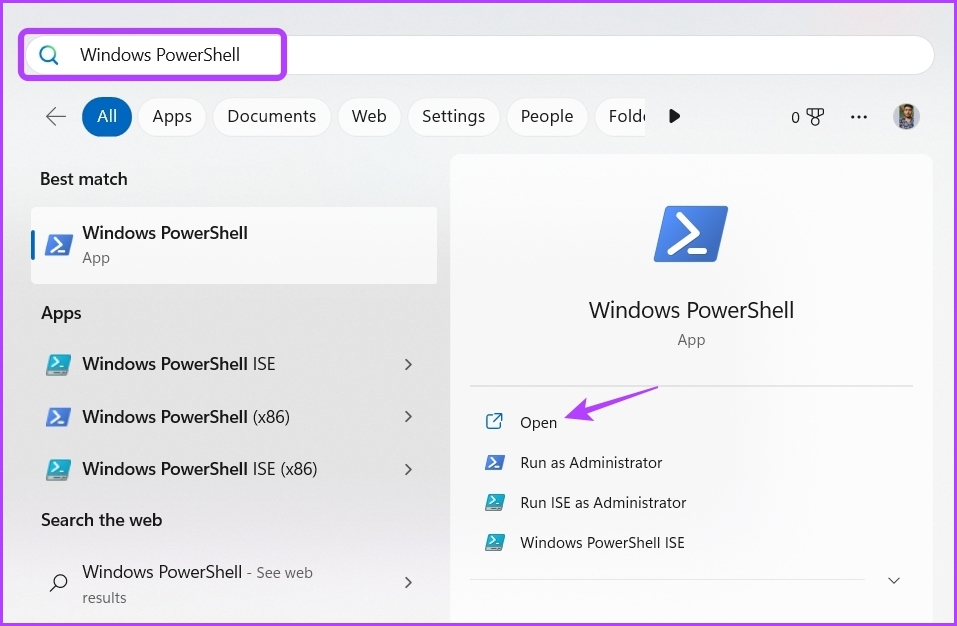 Escriba Windows PowerShell en la búsqueda de Windows