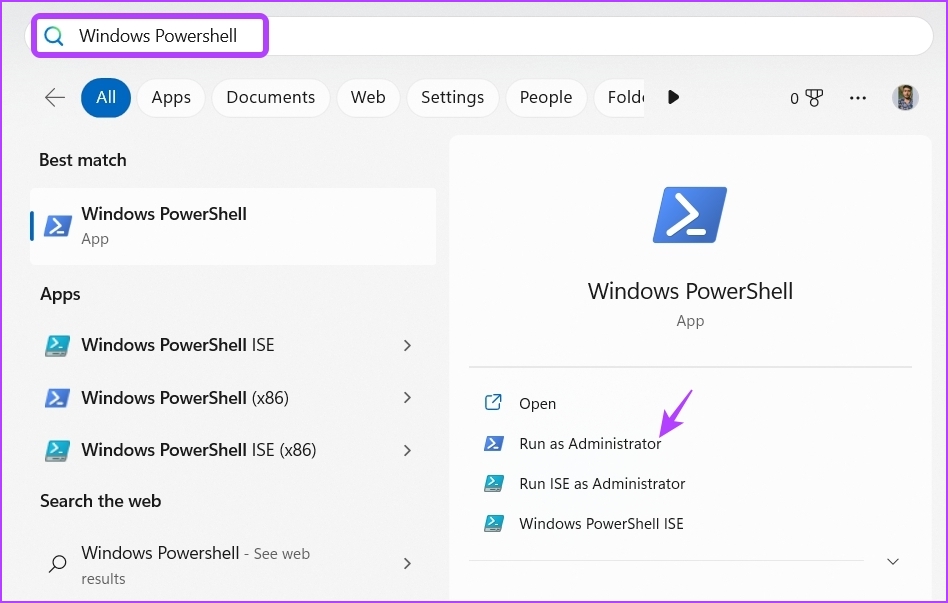 Selección de Windows PowerShell en el menú Inicio