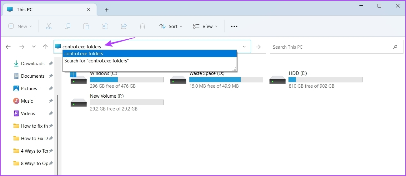 Barra de direcciones en el Explorador de archivos