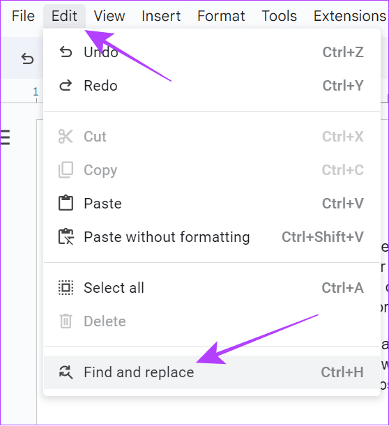 choose edit and then tap find and replace