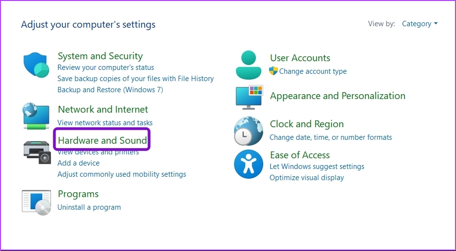 Opciones de hardware y sonido en el panel de control