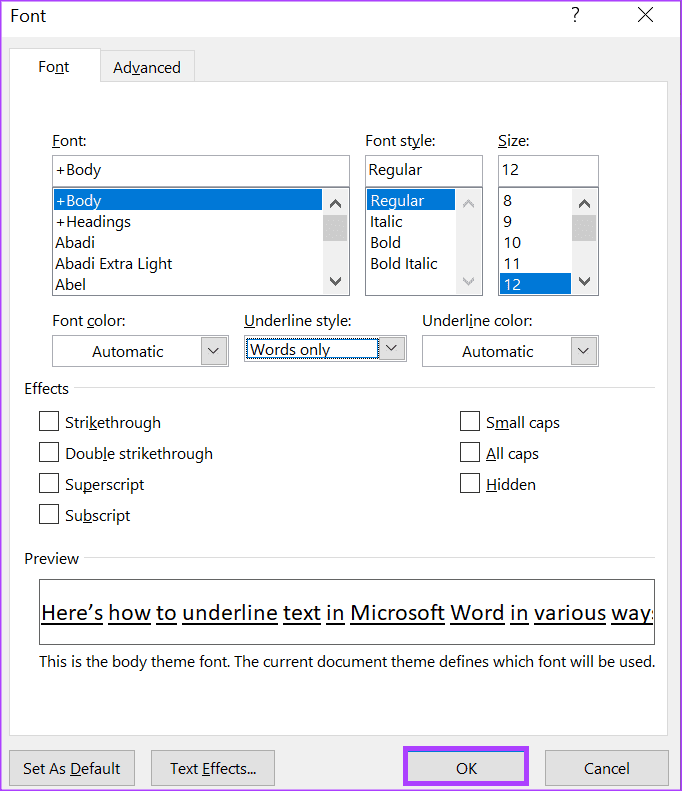 how to underline text in microsoft word 6