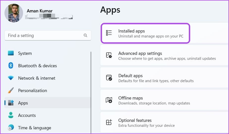 Opción de aplicaciones instaladas en la aplicación Configuración