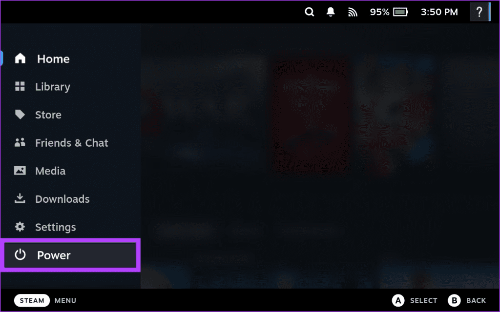 press the Steam button on your Steam Deck and select the Power option 1