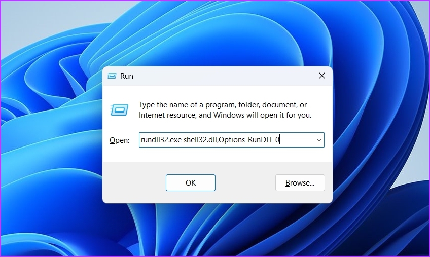rundll32.exe shell32.dll, comando Options_RunDLL 0 en la herramienta Ejecutar