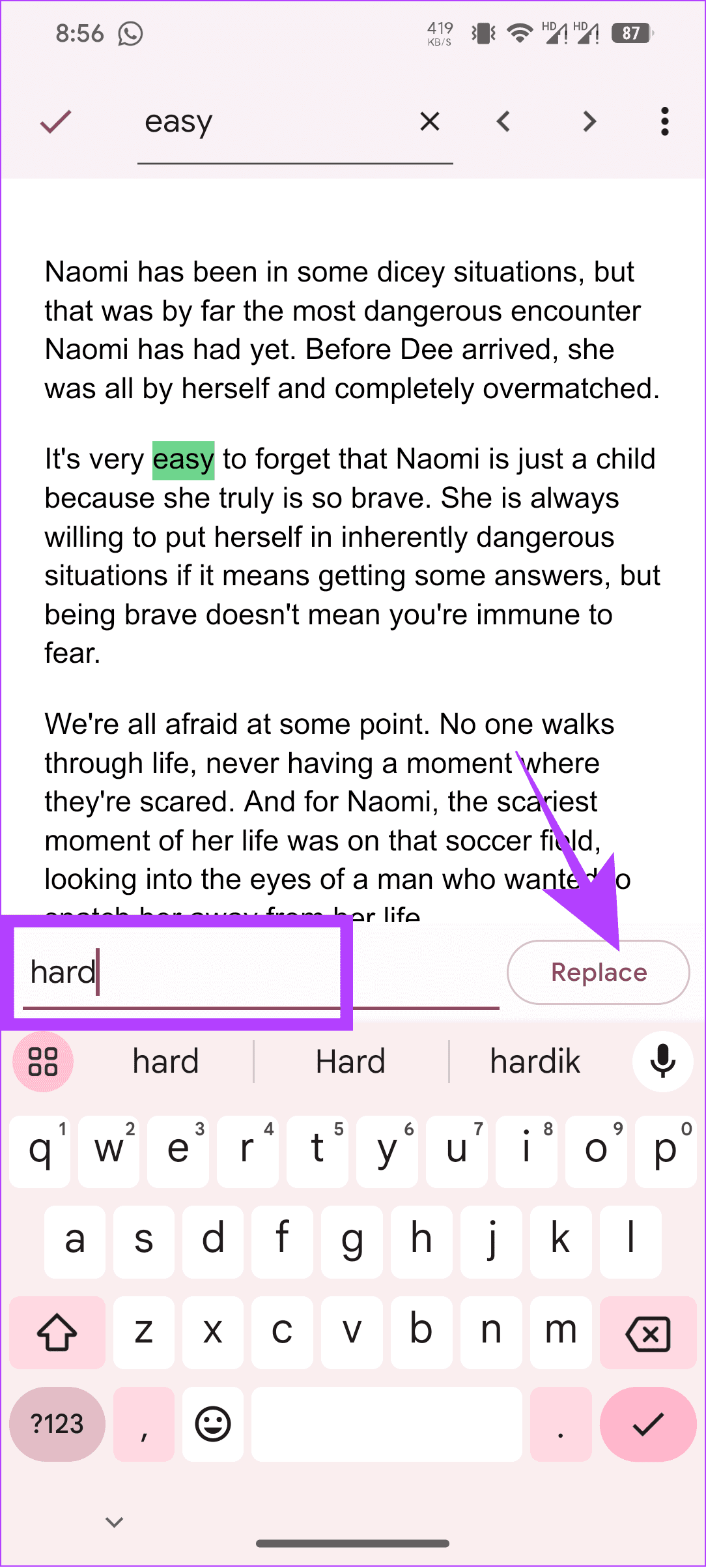 tap the word to repalce and tap replace